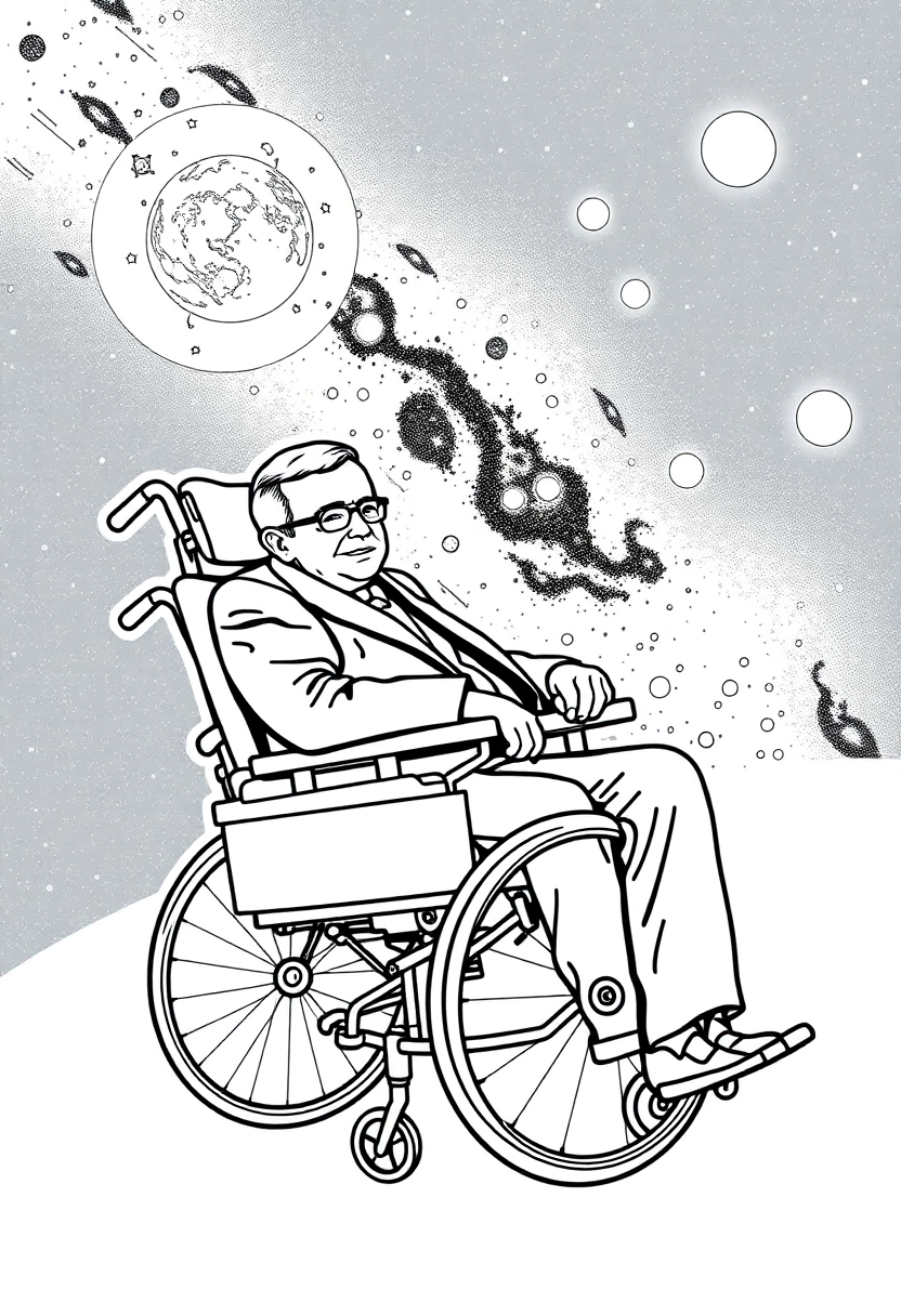Stephen Hawking In Wheelchair With Universe Background coloring pages