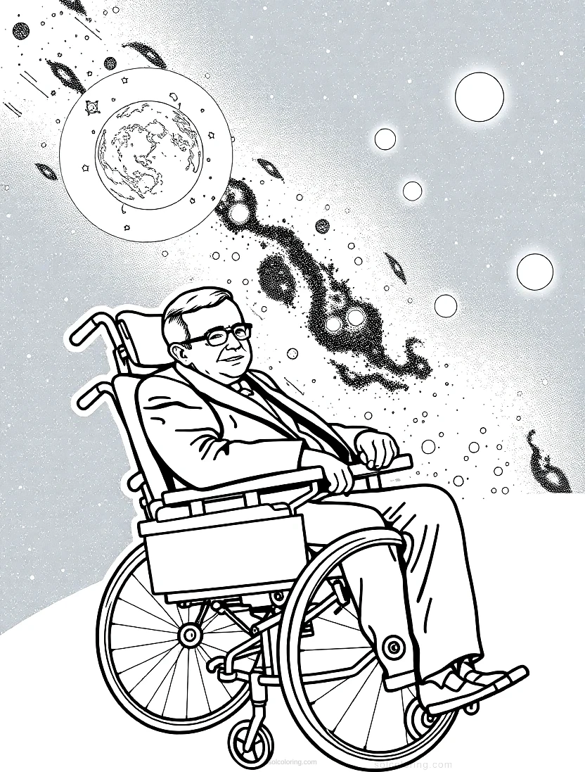 Stephen Hawking In Wheelchair With Universe Background coloring pages