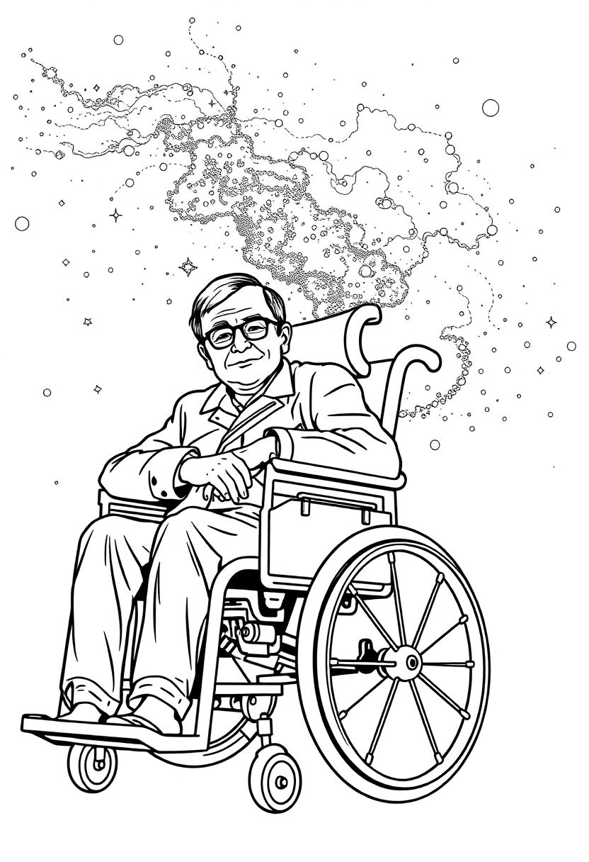 Stephen Hawking in Wheelchair with Universe Background coloring page, free printable