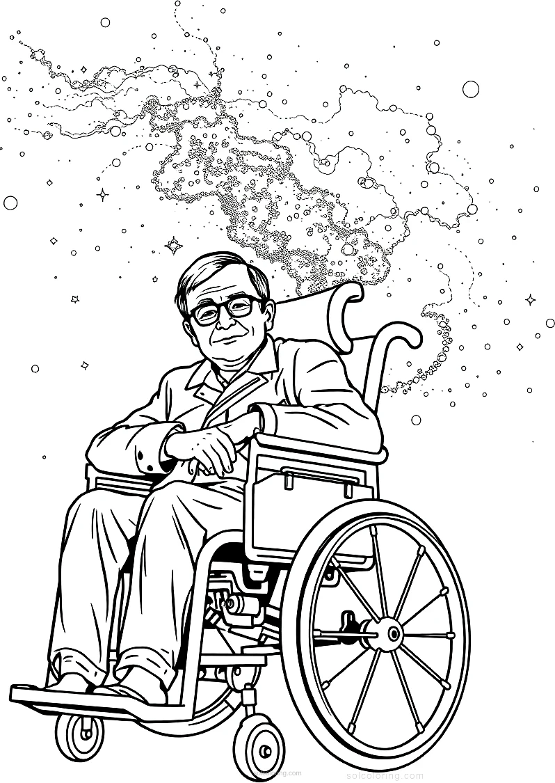Stephen Hawking in Wheelchair with Universe Background coloring page for kids