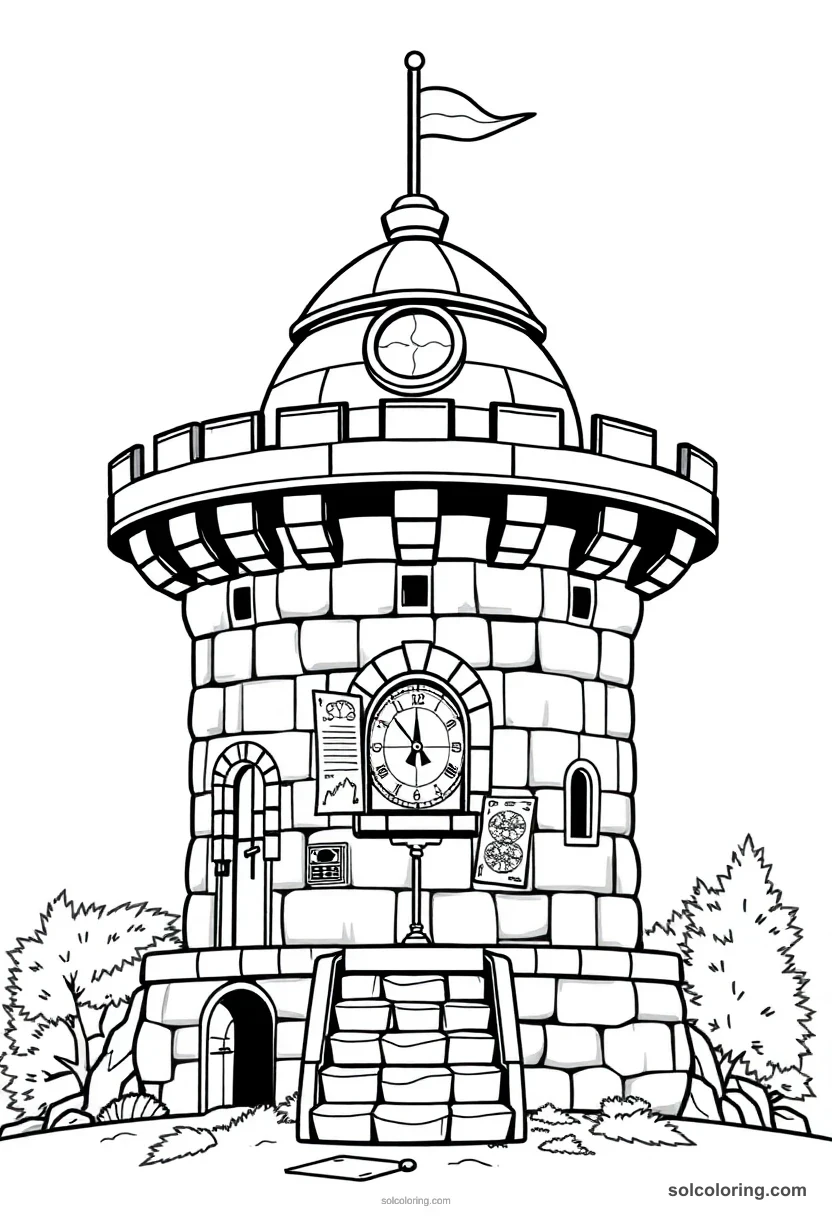 Chibi Stone Castle Turret Observatory with Telescope and Moon Charts chibi coloring page for kids