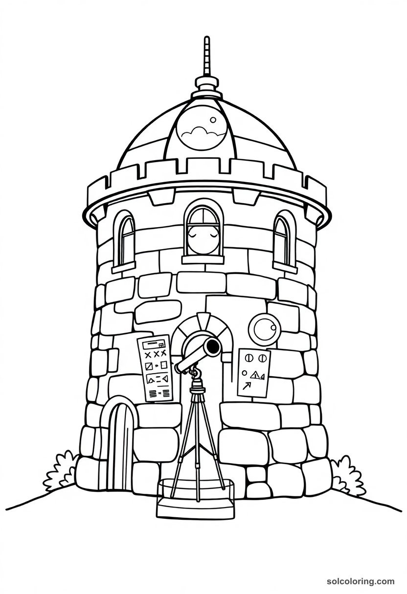 Cute Cartoon Stone Castle Turret Observatory with Telescope and Moon Charts