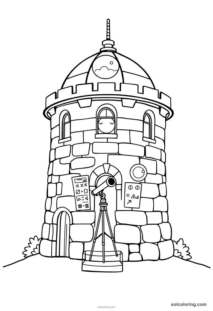 Cute Cartoon Stone Castle Turret Observatory with Telescope and Moon Charts cute cartoon coloring page for kids
