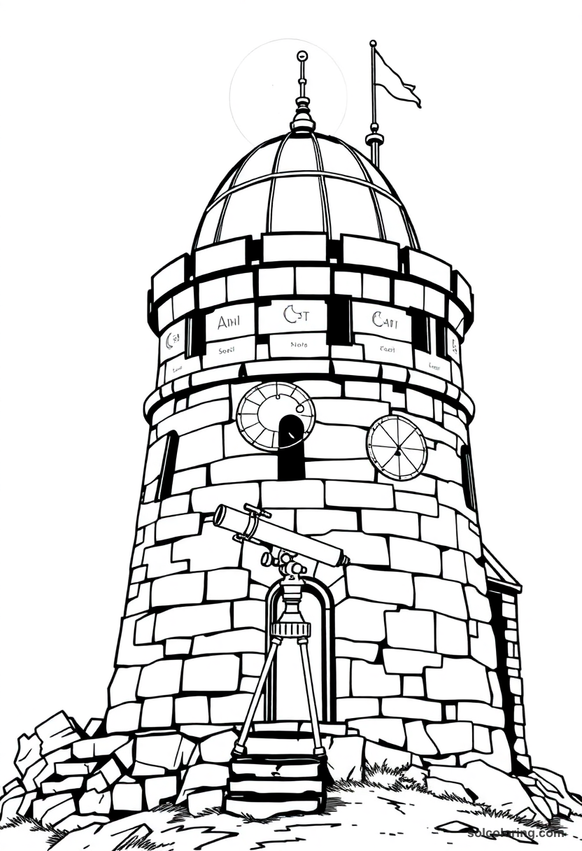 Stone Castle Turret Observatory with Telescope and Moon Charts