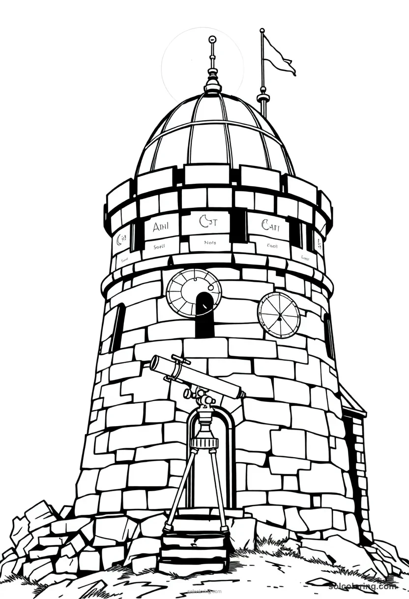 Stone Castle Turret Observatory with Telescope and Moon Charts detailed coloring page for kids