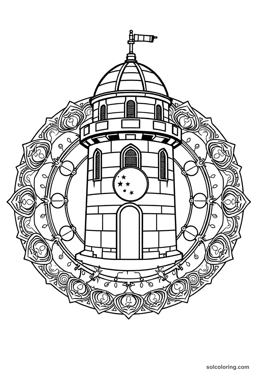 Mandala Stone Castle Turret Observatory with Telescope and Moon Charts