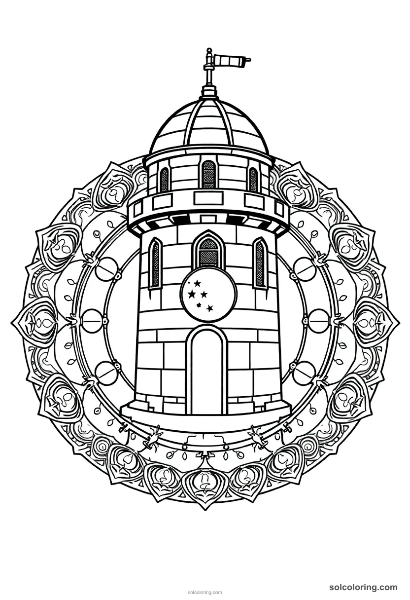 Mandala Stone Castle Turret Observatory with Telescope and Moon Charts mandala coloring page for kids