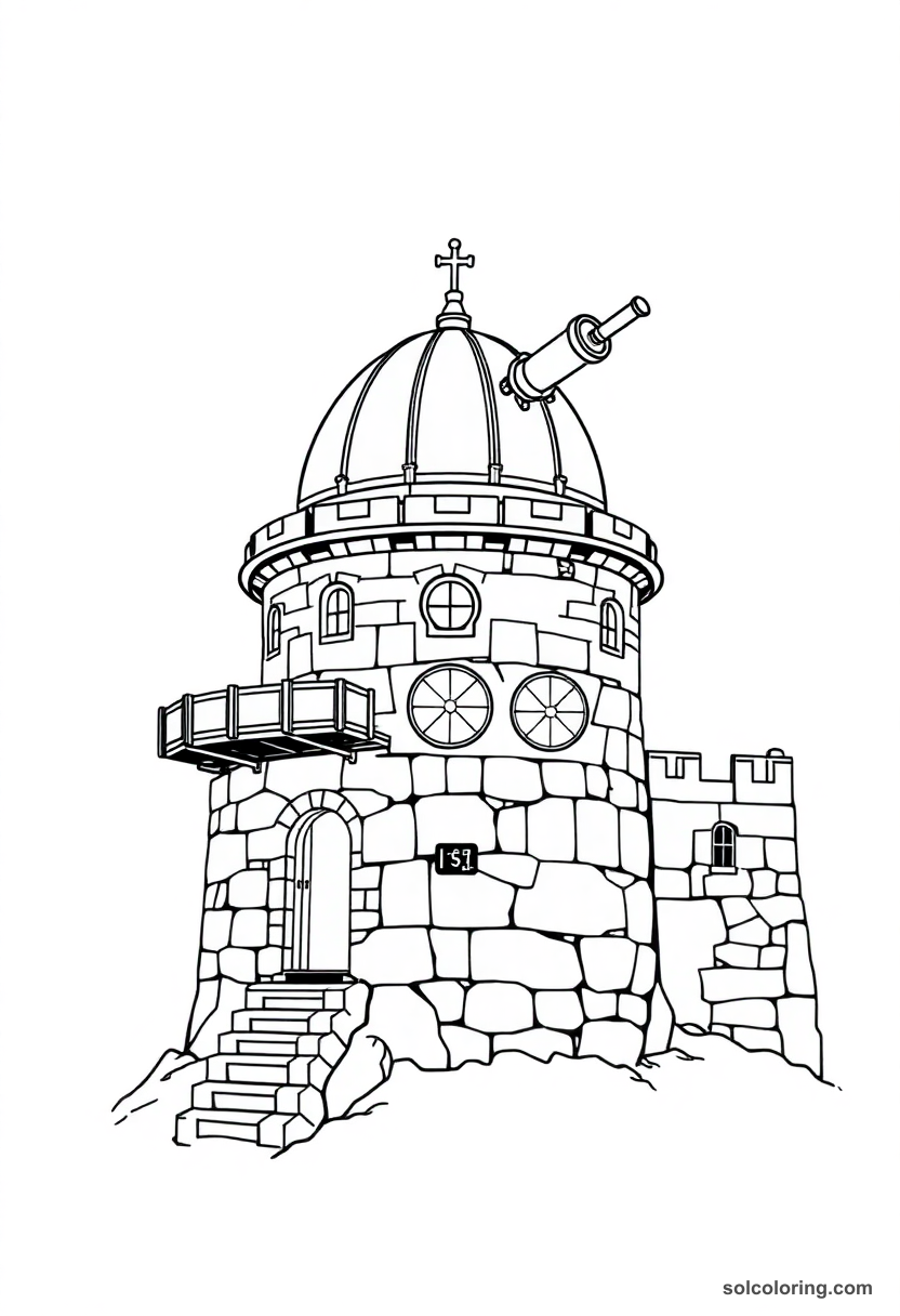Stone Castle Turret Observatory with Telescope and Moon Charts