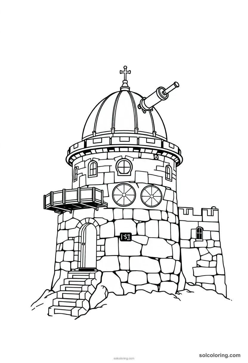 Stone Castle Turret Observatory With Telescope And Moon Charts coloring pages
