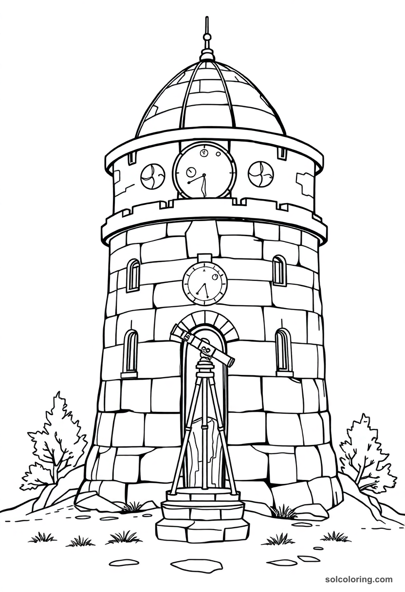 Simple Stone Castle Turret Observatory with Telescope and Moon Charts