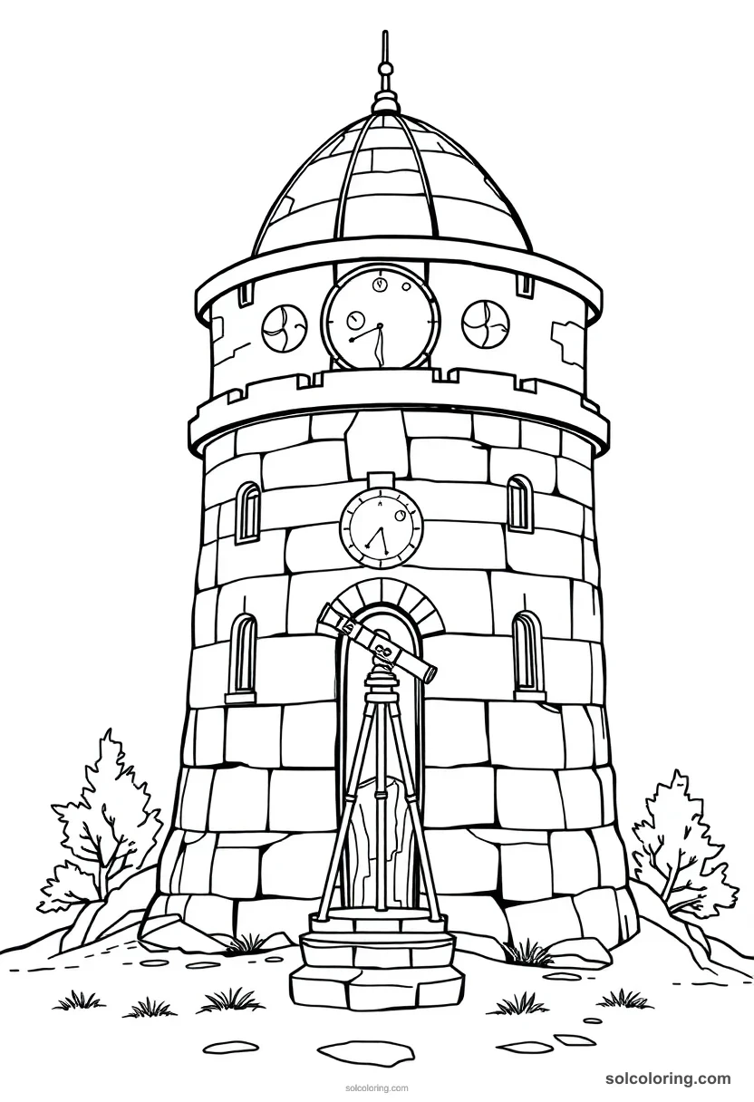 Simple Stone Castle Turret Observatory with Telescope and Moon Charts simple coloring page for kids