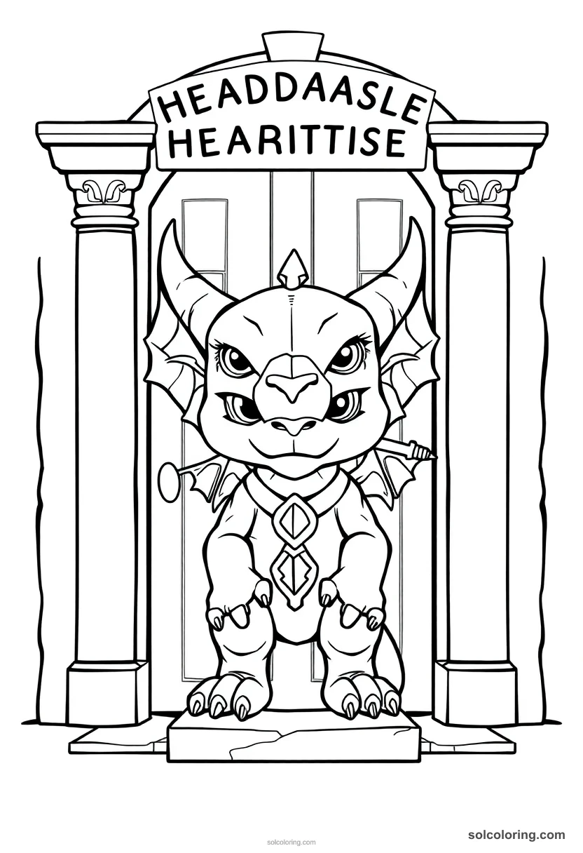 Chibi Stone Gargoyle Guardian Standing Before a Headmaster's Office Door chibi coloring page for kids