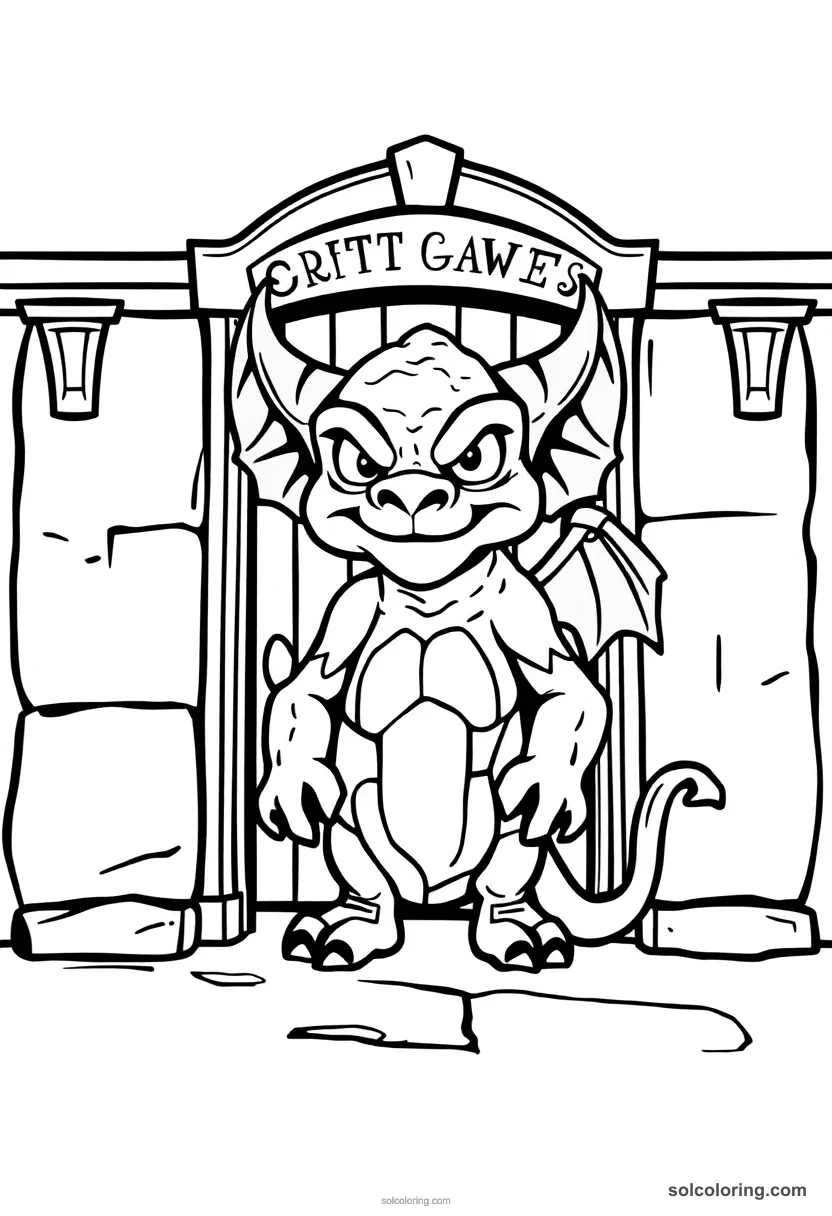 Cute Cartoon Stone Gargoyle Guardian Standing Before a Headmaster's Office Door cute cartoon coloring page for kids