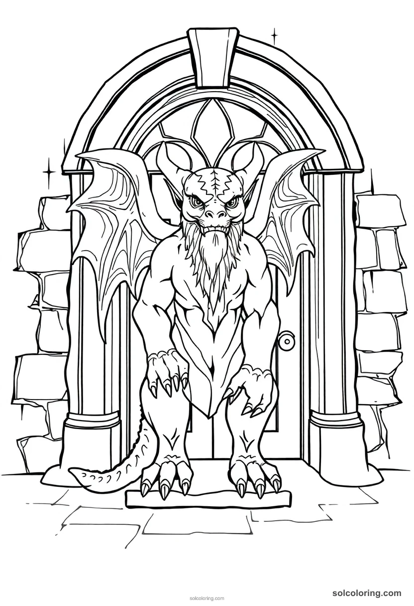 Stone Gargoyle Guardian Standing Before a Headmaster's Office Door detailed coloring page for kids