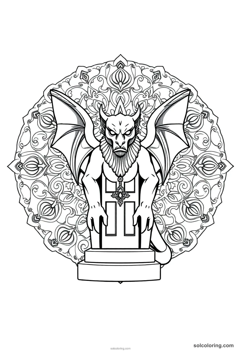 Mandala Stone Gargoyle Guardian Standing Before a Headmaster's Office Door mandala coloring page for kids
