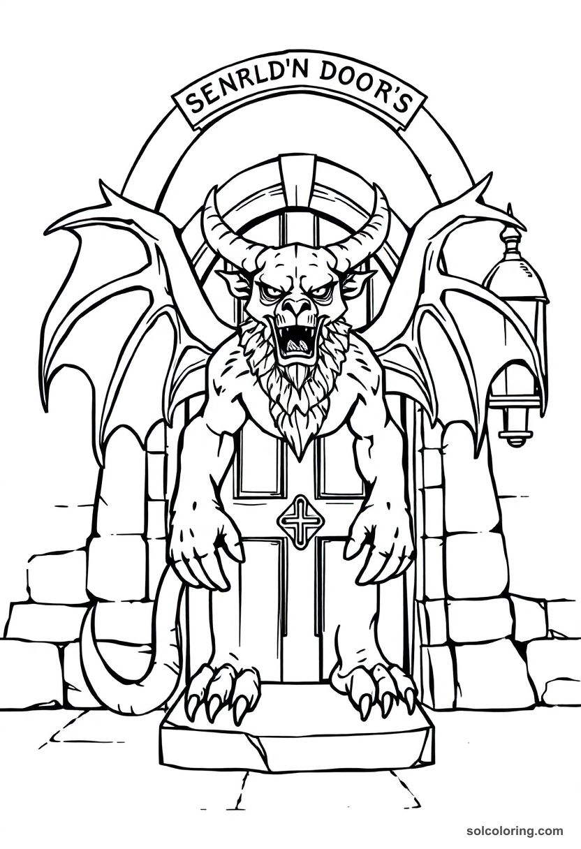 Stone gargoyle guardian coloring page showing detailed creature standing before ornate headmaster's office door