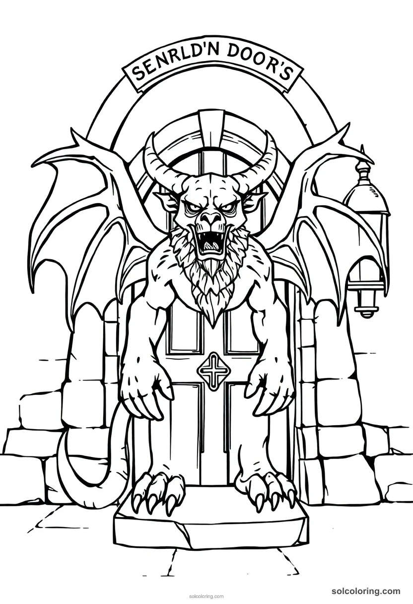 Stone Gargoyle Guardian Standing Before A Headmaster S Office Door coloring pages