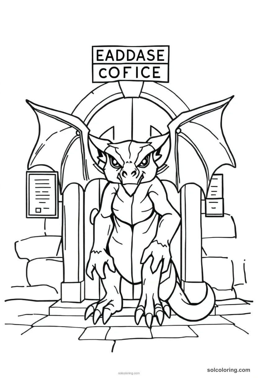 Simple Stone Gargoyle Guardian Standing Before a Headmaster's Office Door simple coloring page for kids