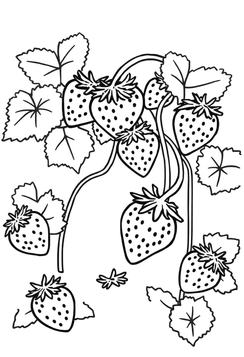 Simple strawberry patch coloring page showing rows of strawberry plants with berries and leaves, bold outlines for kids
