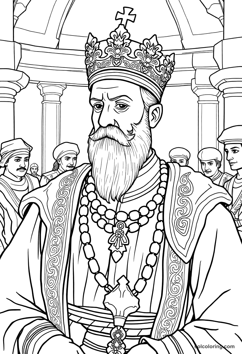 Suleiman the Magnificent in His Court coloring page, free printable detailed style