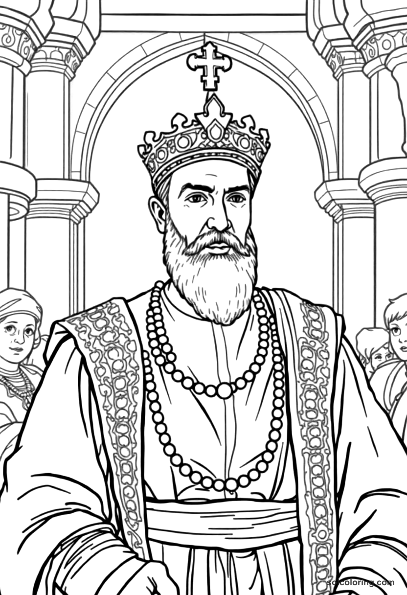 Suleiman the Magnificent in His Court coloring page, free printable realistic style