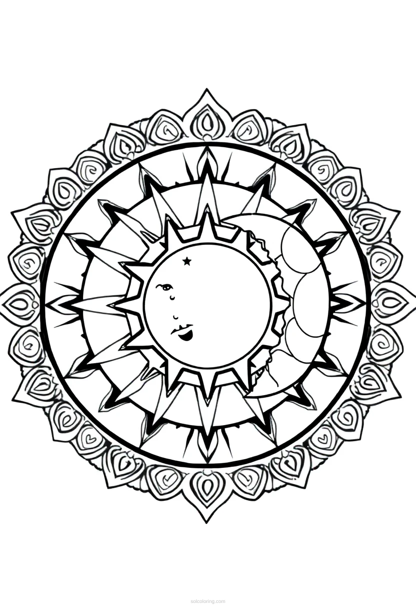 Sun and Moon Celestial Mandala coloring page for kids