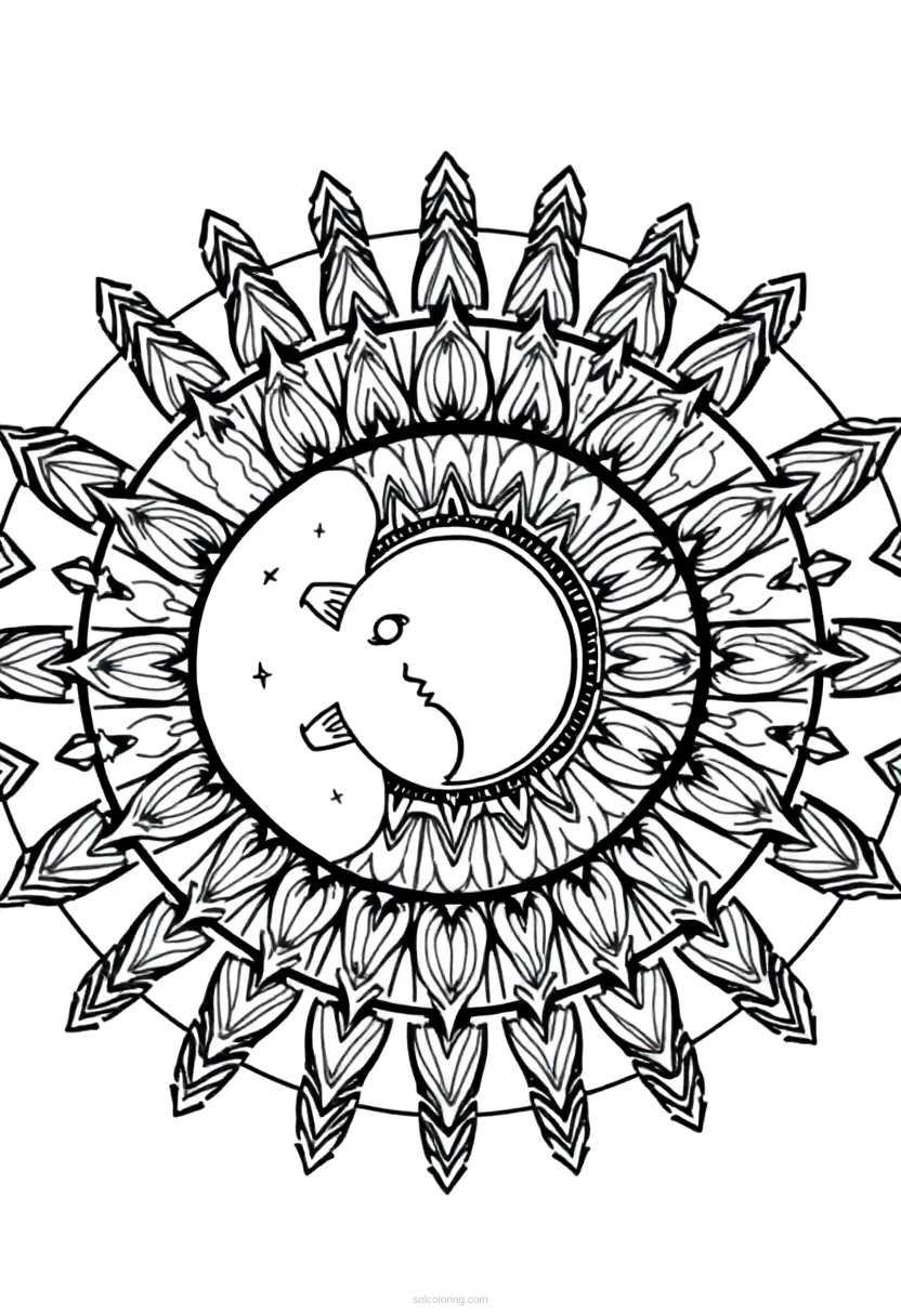 Sun and Moon Celestial Mandala coloring page for kids