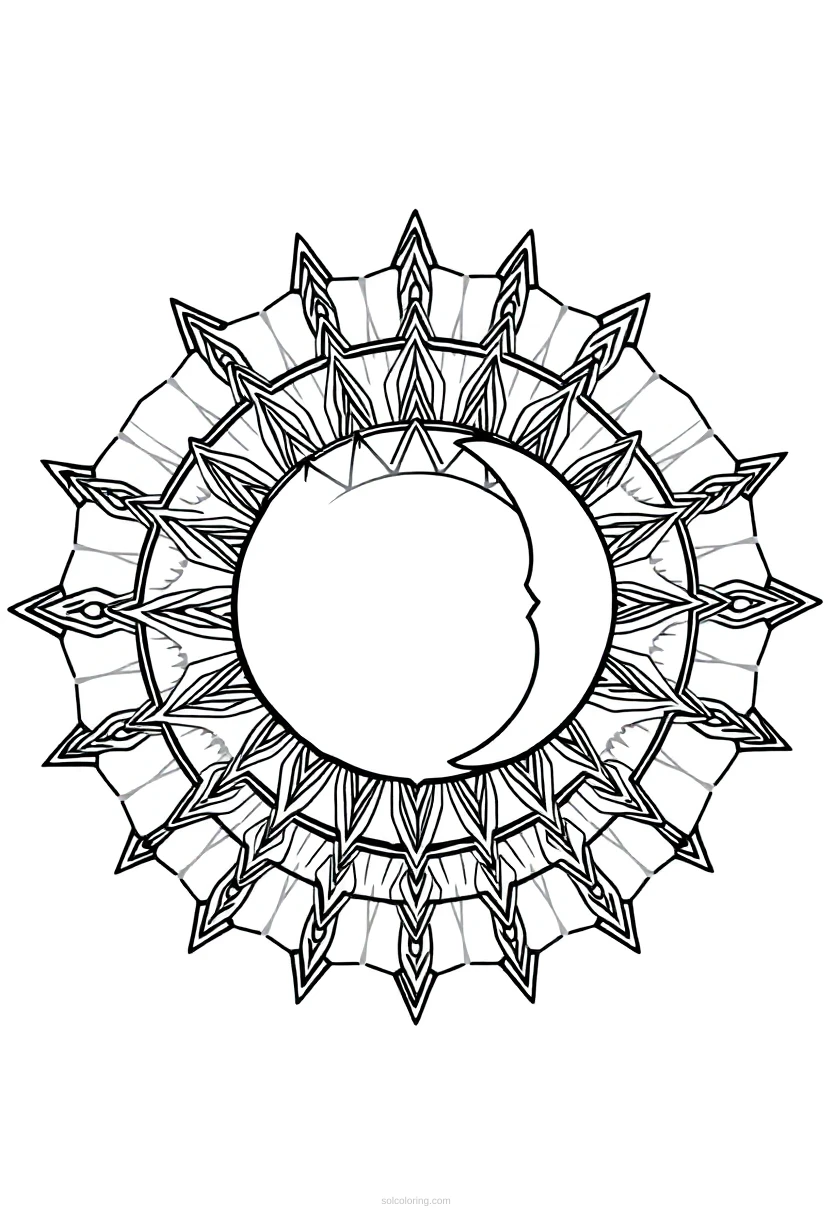 Sun and Moon Celestial Mandala coloring page for kids