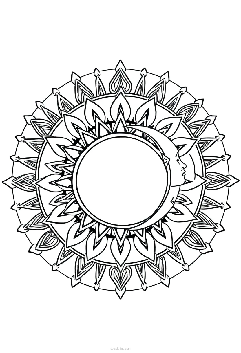 Sun and Moon Celestial Mandala coloring page for kids
