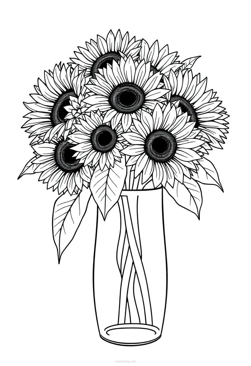 Sunflowers in Vase coloring page for kids