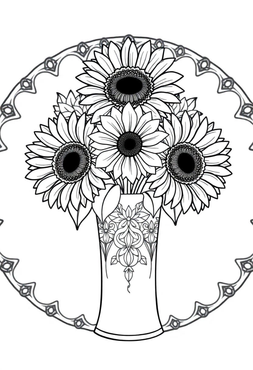 Sunflowers in Vase coloring page, free printable