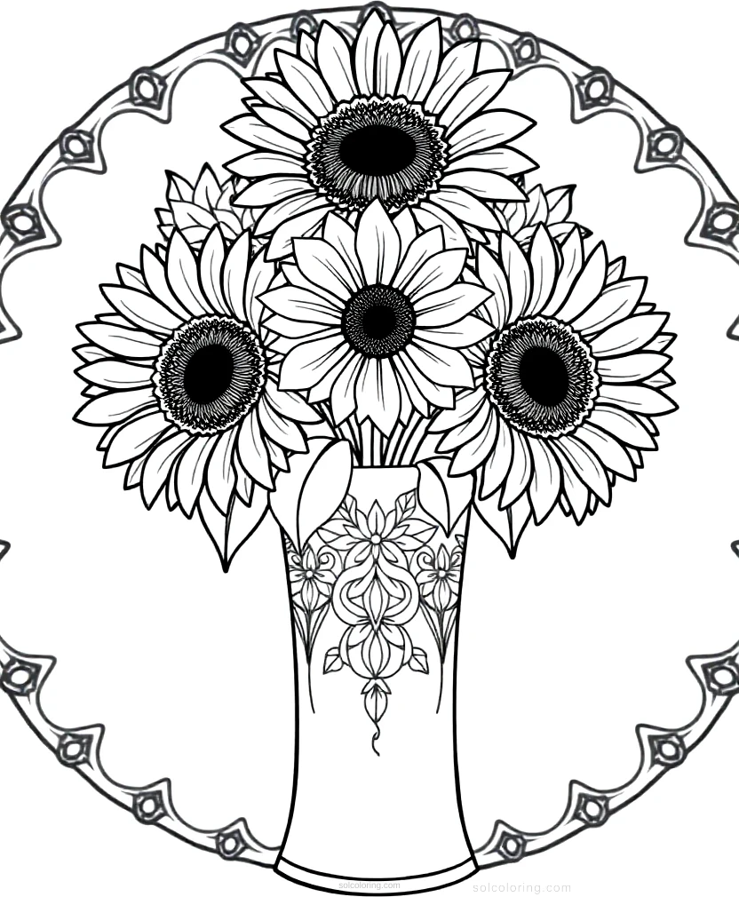 Sunflowers in Vase coloring page for kids