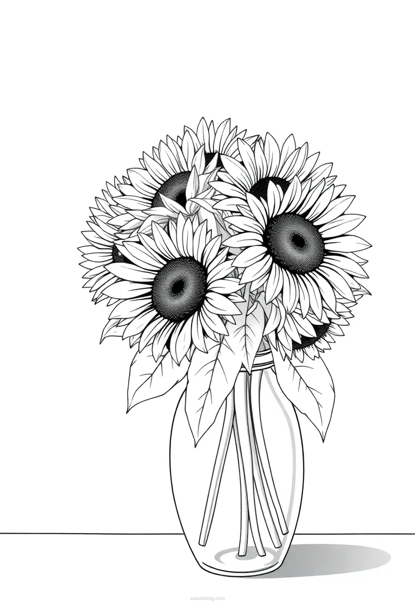 Sunflowers in Vase coloring page for kids