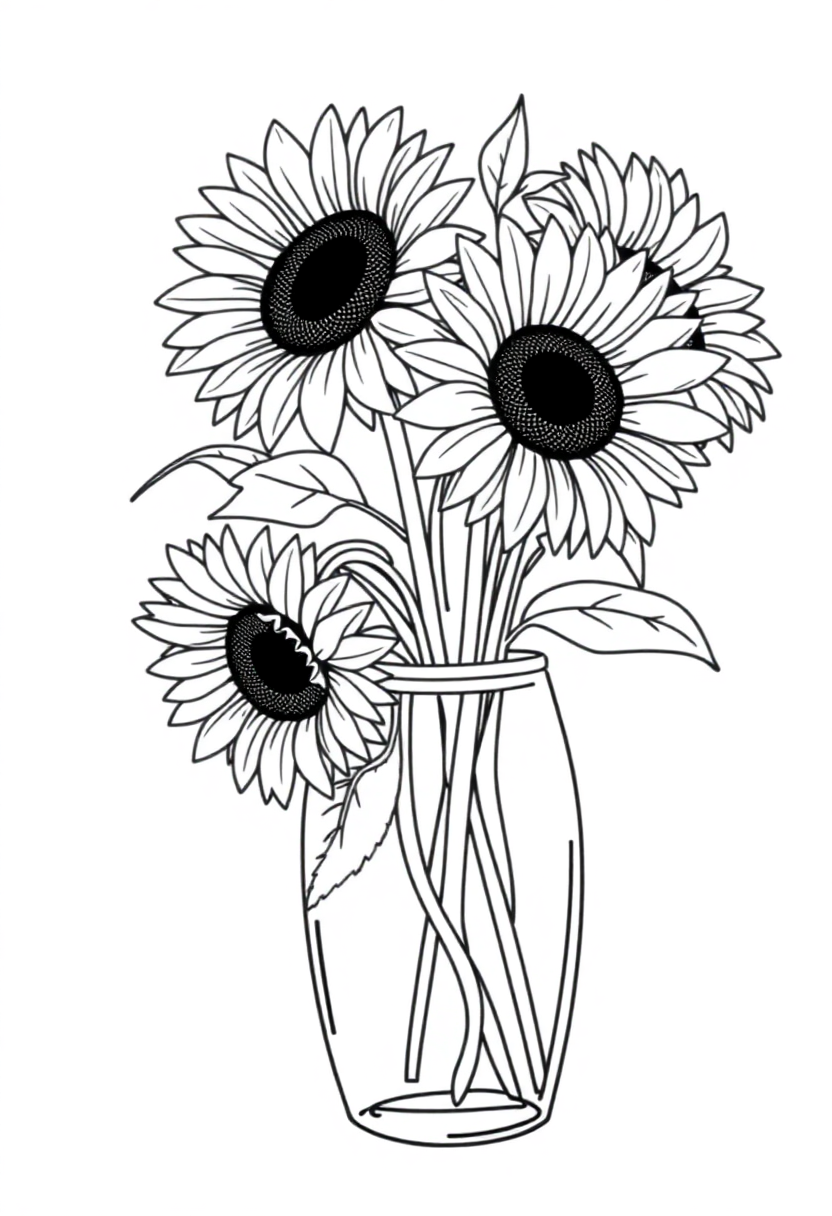 Sunflowers in vase coloring page with bold outlines showing multiple sunflowers arranged in decorative vase
