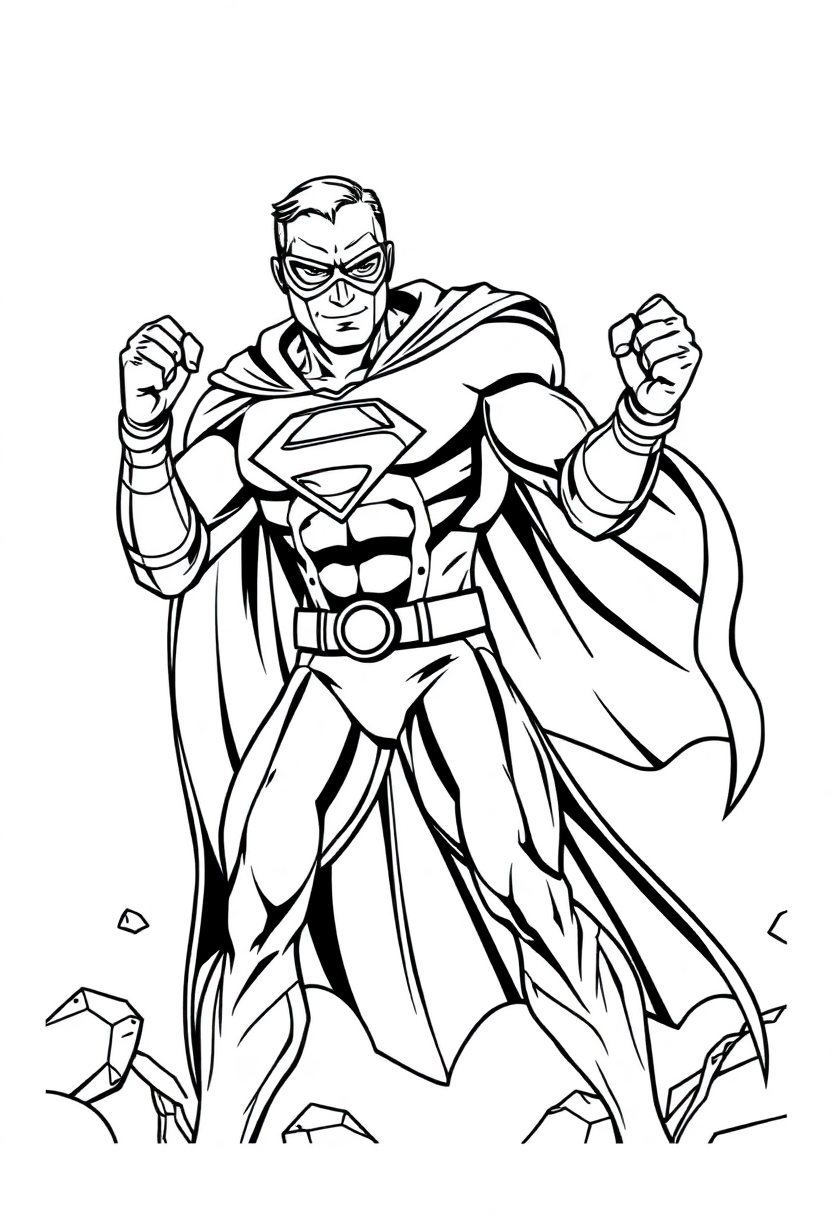 Superhero mandala coloring page showing a caped hero in the center surrounded by decorative geometric patterns