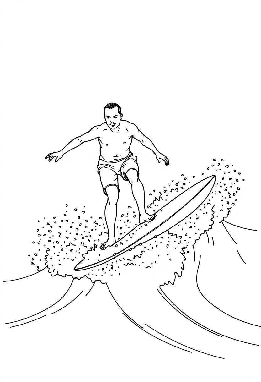 Surfing Athlete on Wave coloring page, free printable