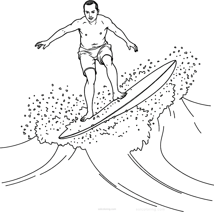 Surfing Athlete on Wave coloring page for kids