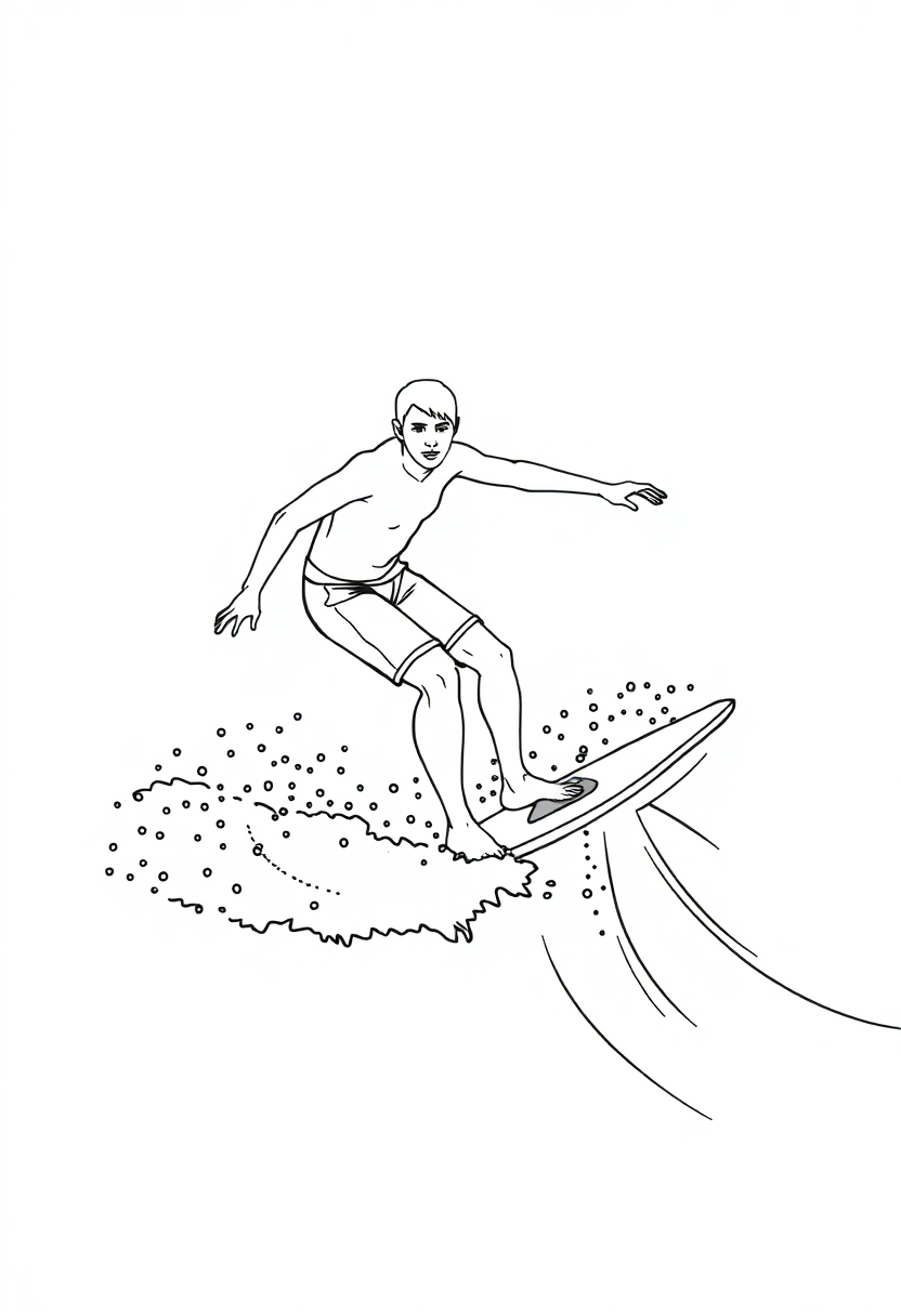 Surfing Athlete on Wave coloring page, free printable