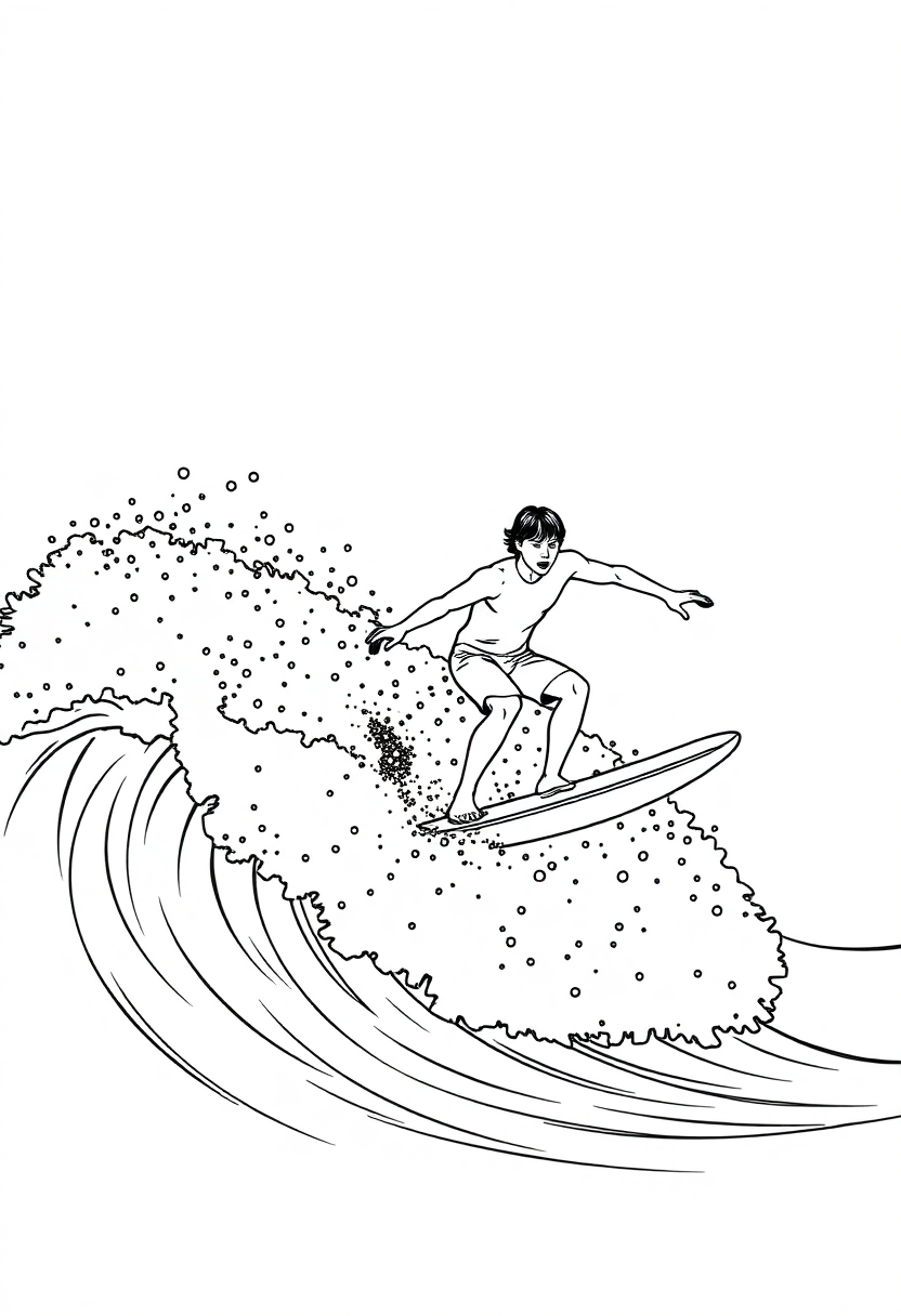 Surfing Athlete on Wave coloring page, free printable