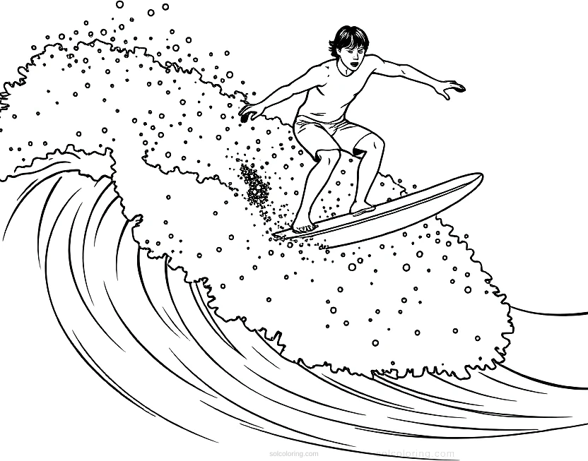 Surfing Athlete on Wave coloring page for kids