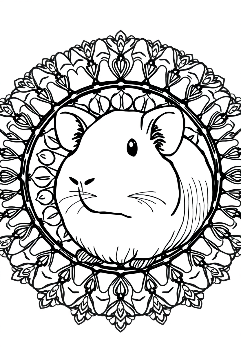 Sweet guinea pig coloring page with mandala patterns, bold outlines, free printable design for kids