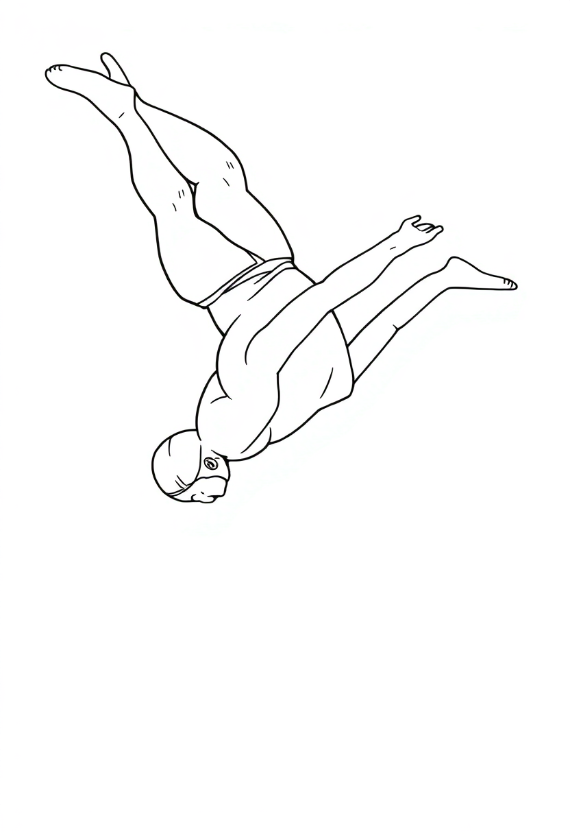 Swimming champion diving coloring page showing athlete in diving position with bold outlines for kids to color