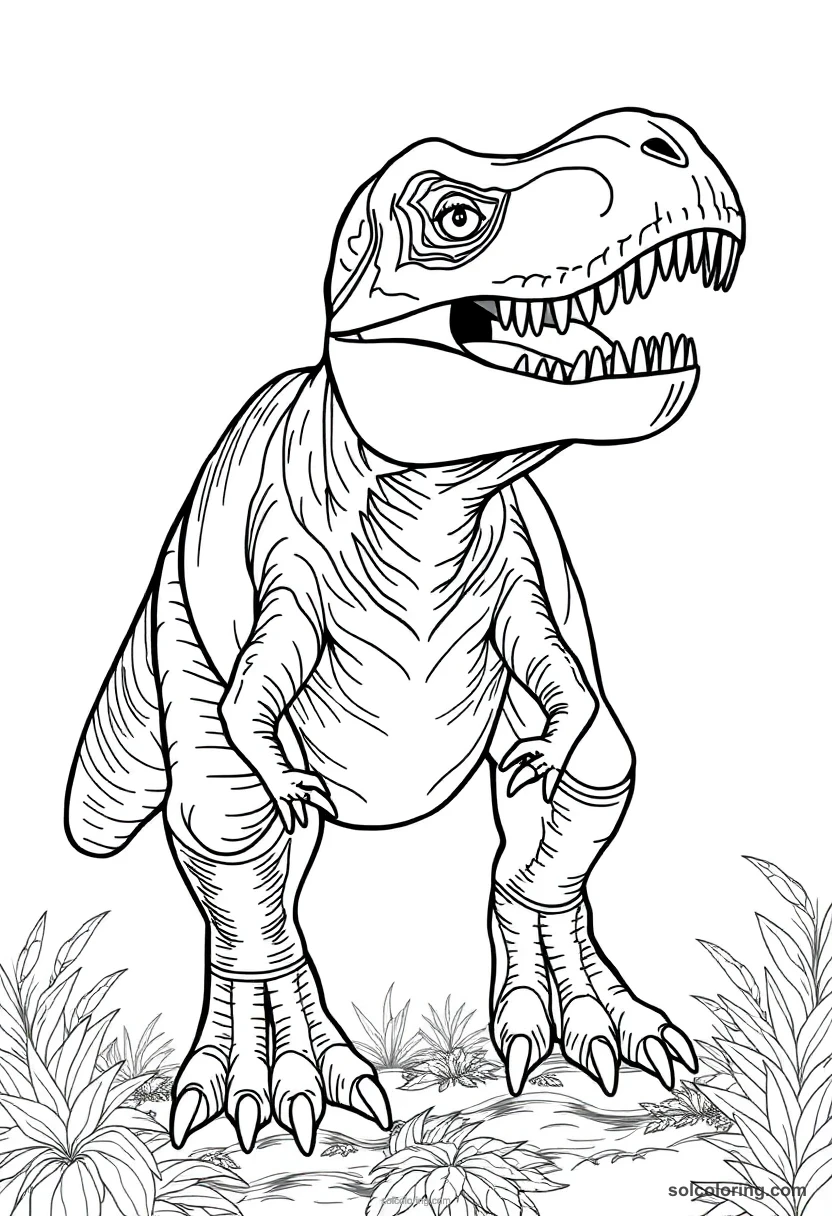 T-Rex detailed coloring page for kids