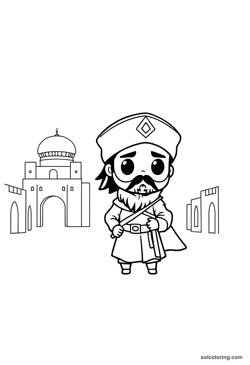 Chibi Tamerlane Entering Samarkand coloring page, free printable chibi style