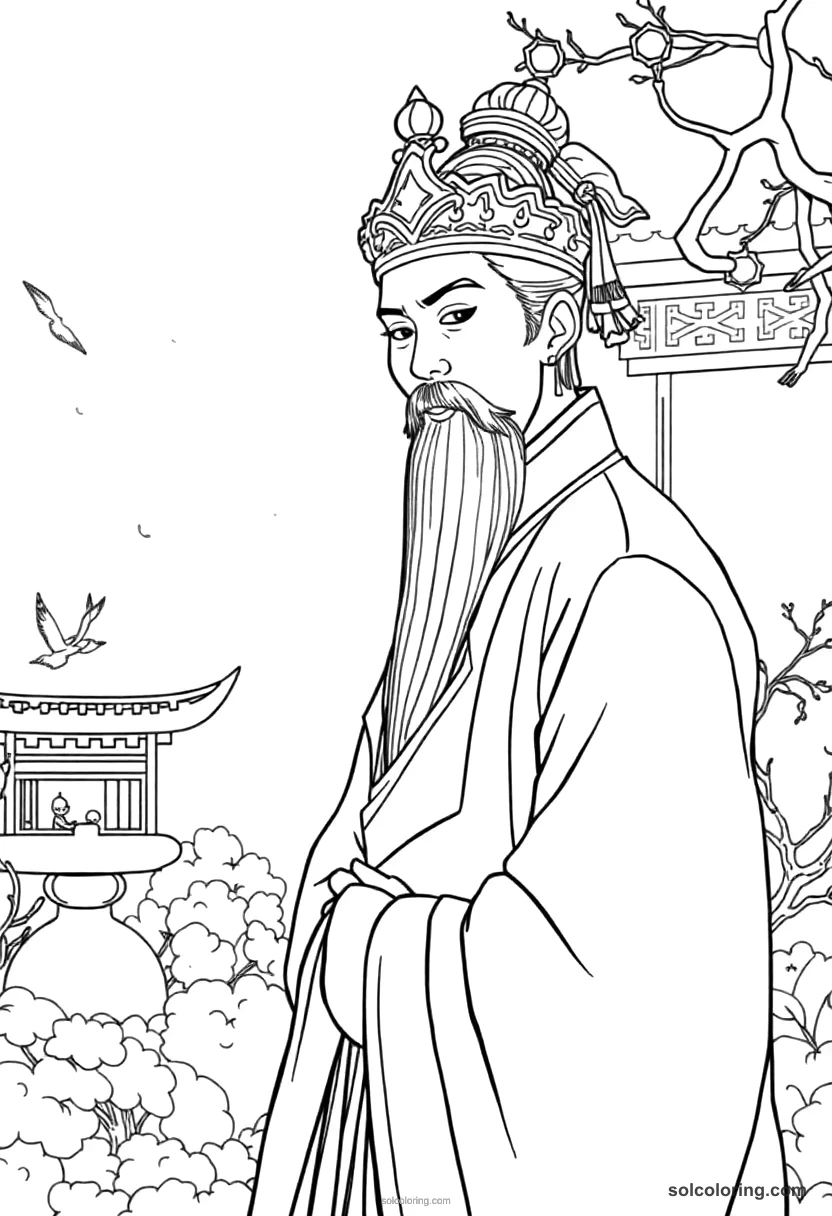 Tang Dynasty Poet's Garden detailed coloring page for kids
