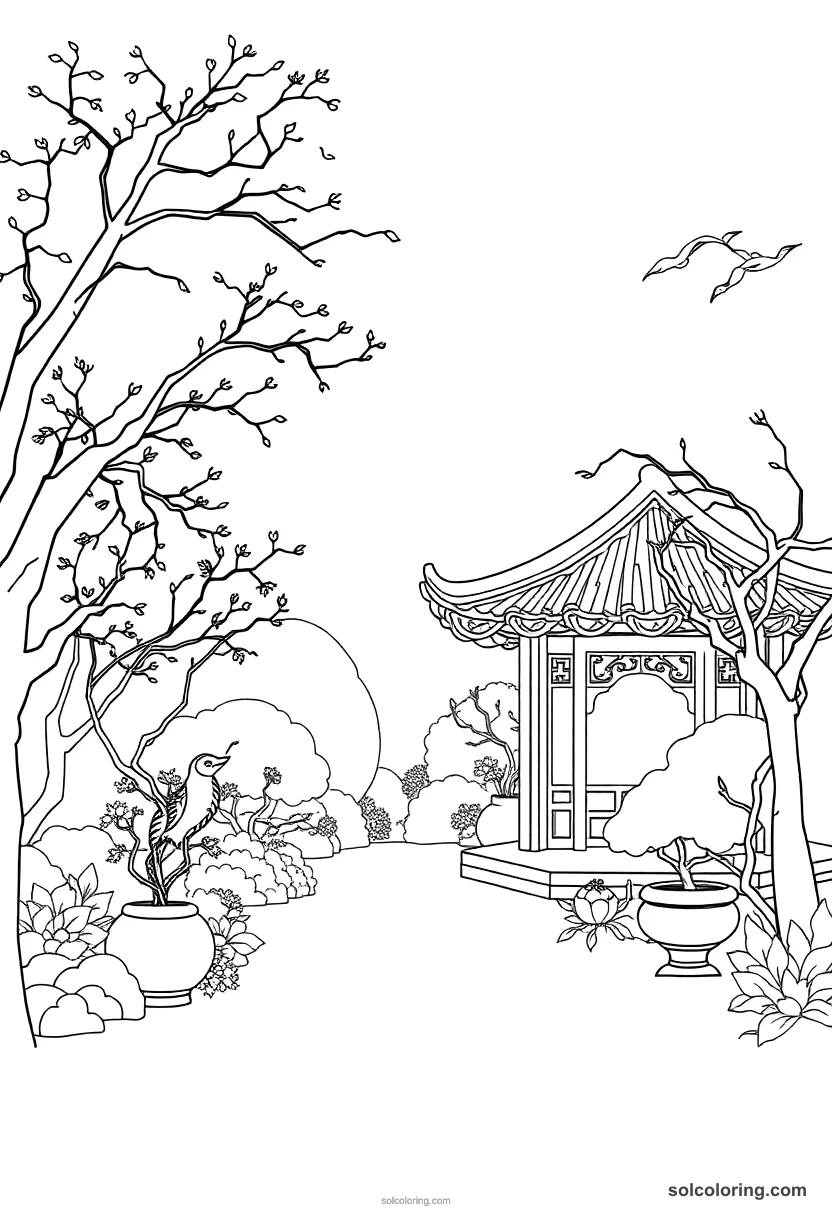 Simple Tang Dynasty Poet's Garden simple coloring page for kids