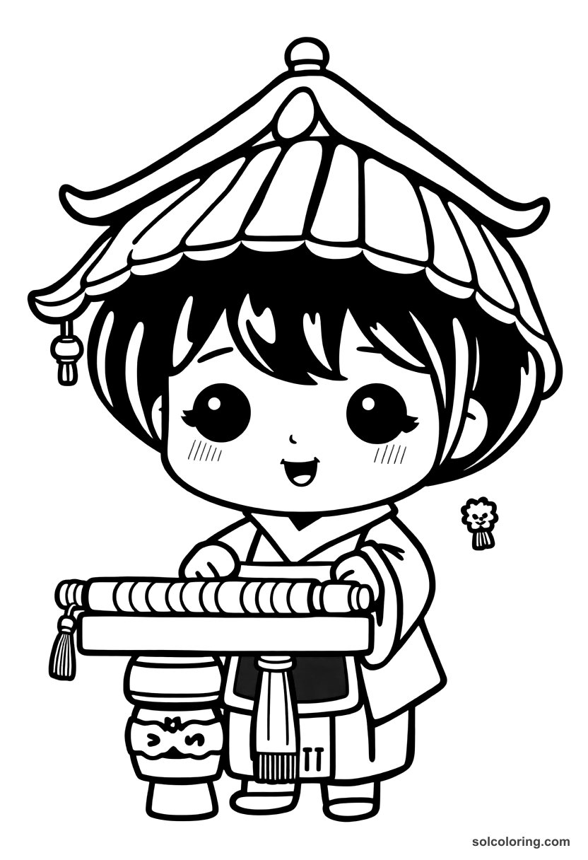 Chibi Tang Silk Weaving Workshop coloring page, free printable chibi style