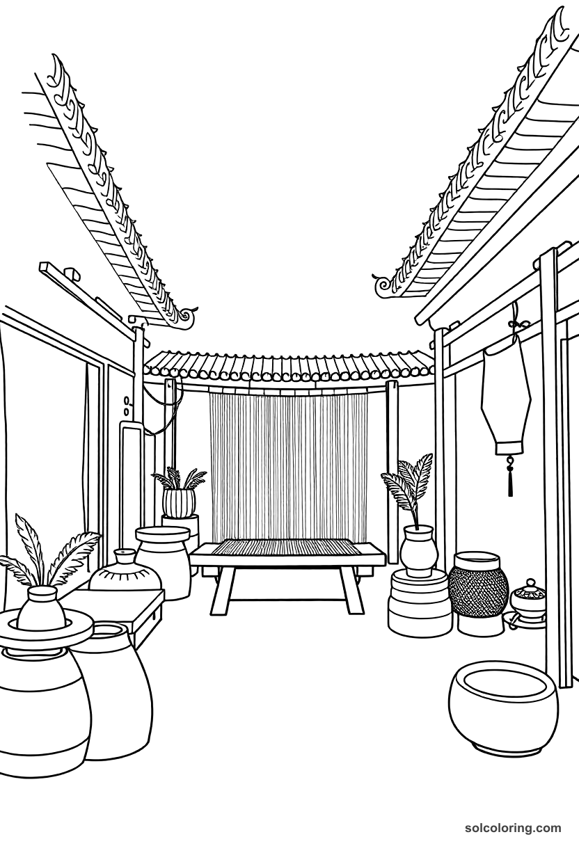 Simple Tang Silk Weaving Workshop coloring page, free printable simple style