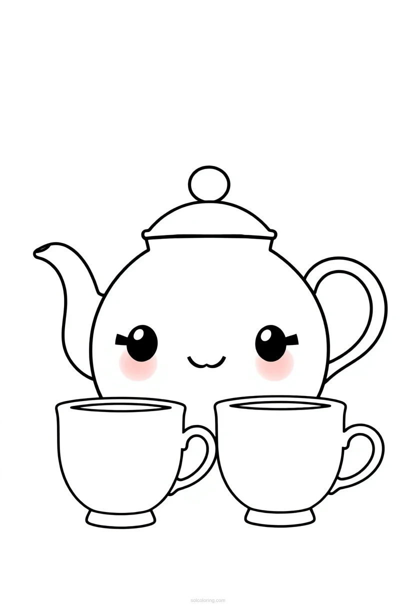 Tea Pot and Tea Cups coloring page for kids
