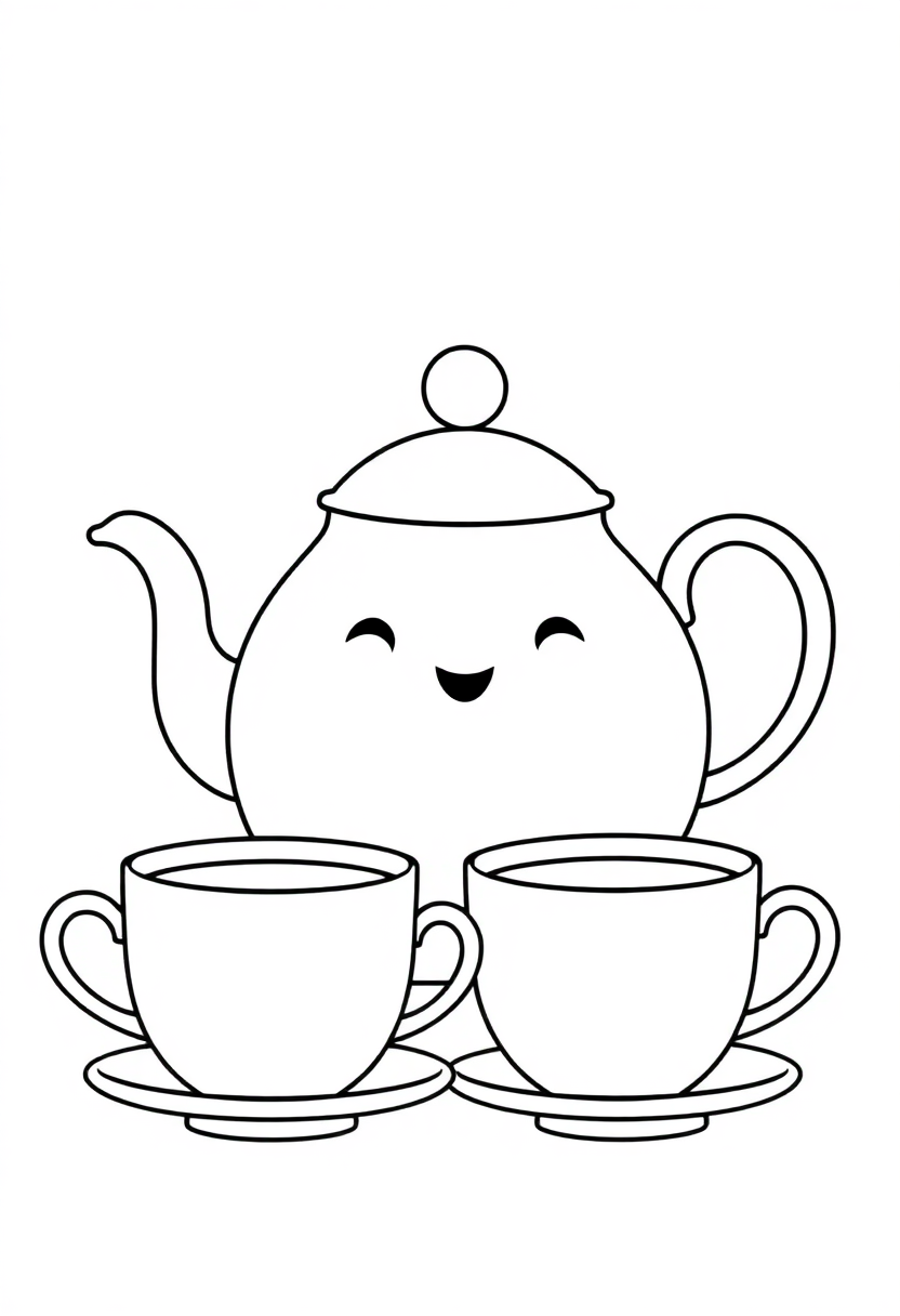 Tea Pot and Tea Cups coloring page, free printable